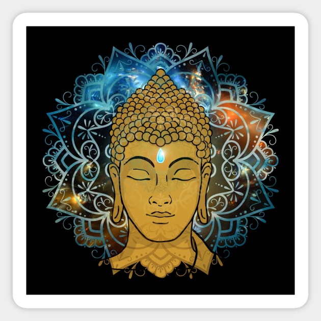 Buddha in the Galaxy Golden Face Sticker by MandalaSoul